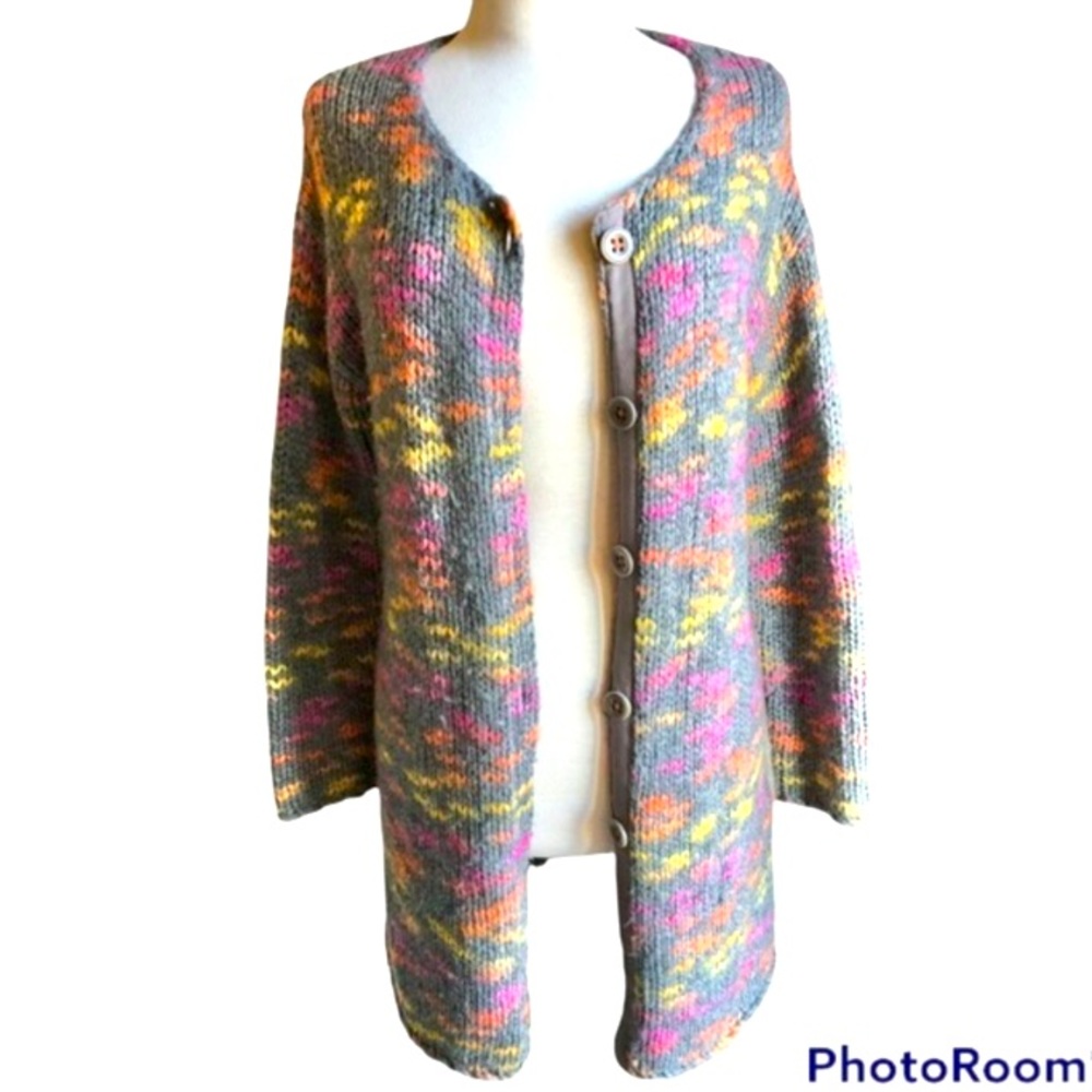 Sundance gray multi color long line button front wool cardigan sweater small